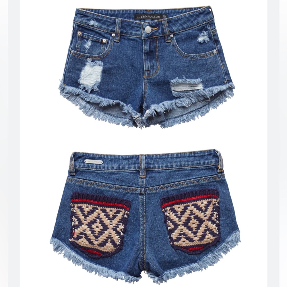 P.S. Erin Wasson Frayed Hem Distressed Jean Shorts, Boho Knit Pockets, Size 26